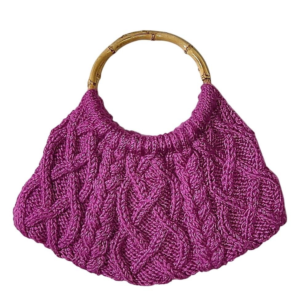 Raspberry Pink / Magenta Cable Knit Handbag w/ Bamboo Handles